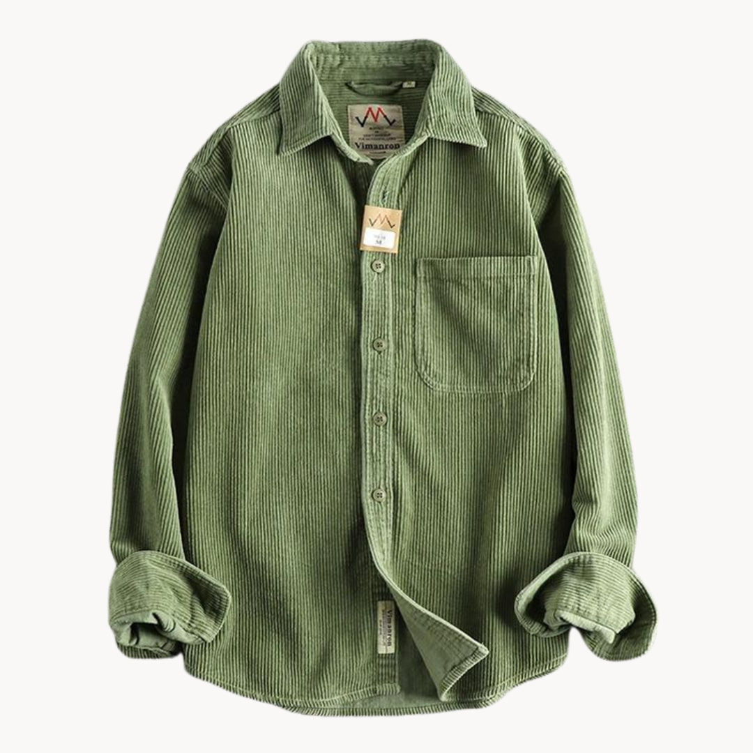 Man adjusting the collar of his comfortable corduroy long sleeve button-down shirt in a casual setting.