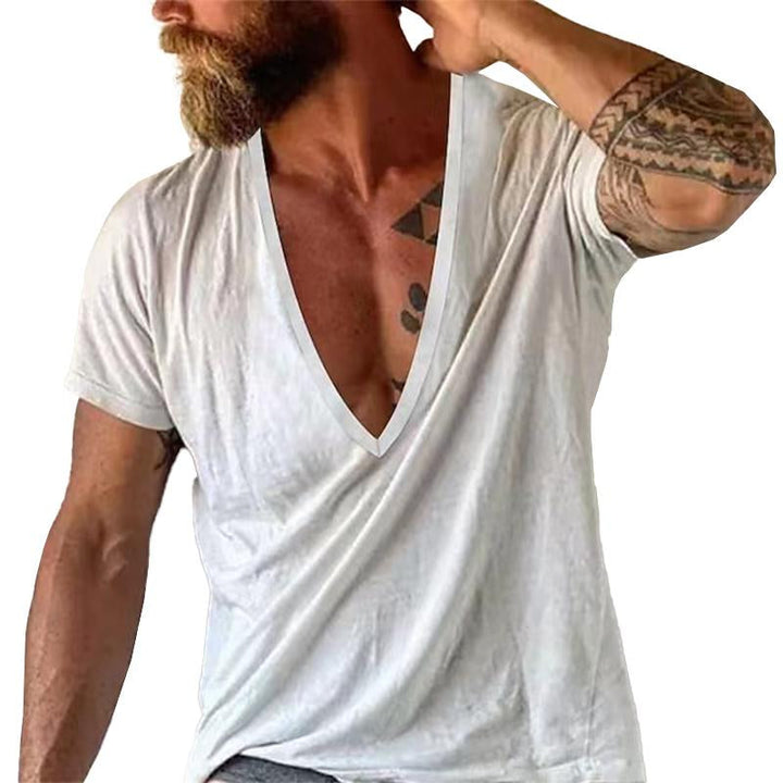 Men's casual deep V-neck t-shirt, relaxed fit, short sleeve for summer comfort. Everyday stylish men's tee.