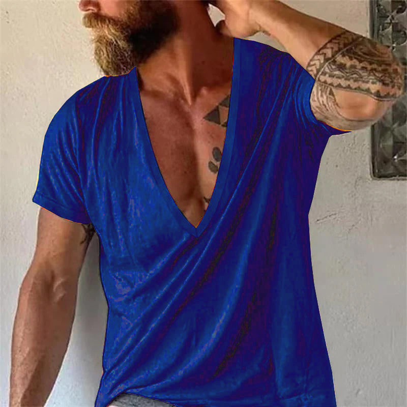 Men's fashion deep V-neck t-shirt. Casual short sleeve, relaxed fit summer top for comfortable everyday wear.