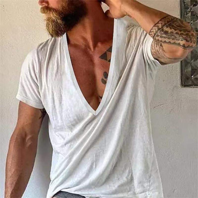 Stylish men's deep V-neck t-shirt for summer. Relaxed fit, short sleeve, versatile casual top for men.
