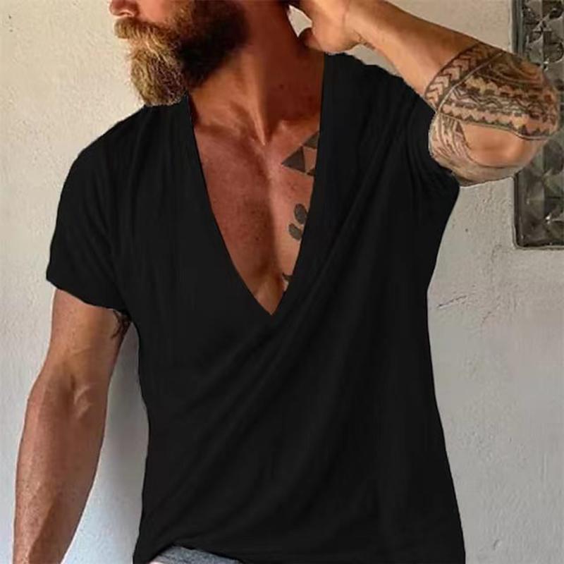 Comfortable men's deep V-neck tee, perfect for summer. Relaxed fit, short sleeve casual shirt for men.