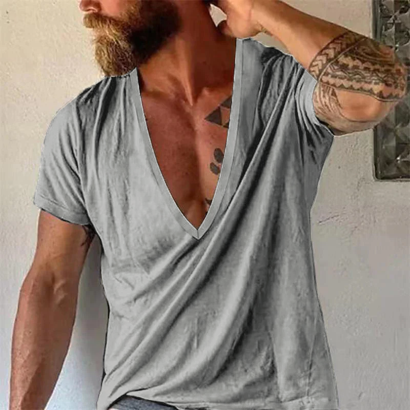 Deep V-neck men's t-shirt, casual short sleeve top. Relaxed fit summer tee for comfortable everyday wear.