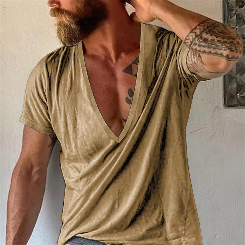 Men's relaxed fit deep V-neck top, short sleeve. Casual summer t-shirt for versatile everyday men's wear.