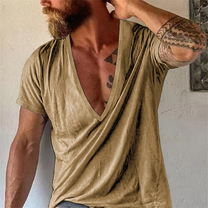 Men's relaxed fit deep V-neck top, short sleeve. Casual summer t-shirt for versatile everyday men's wear.