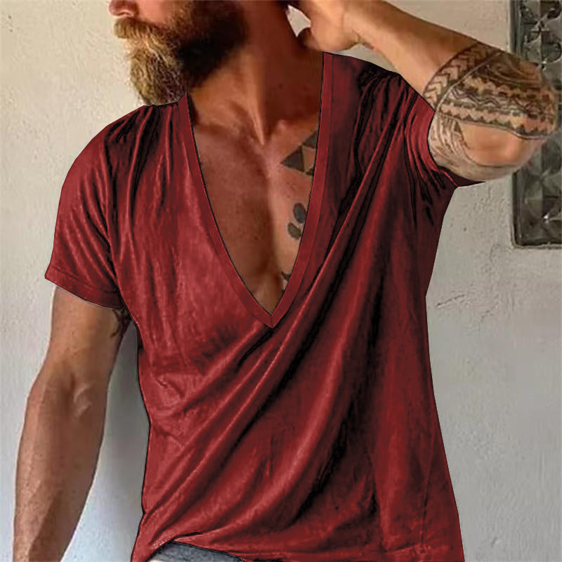 Modern men's deep V-neck t-shirt. Casual short sleeve, relaxed fit summer top for stylish everyday wear.