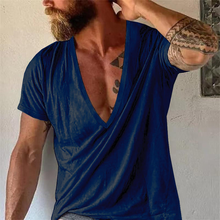 Versatile men's deep V-neck tee. Casual short sleeve t-shirt with a relaxed fit, ideal for summer comfort.