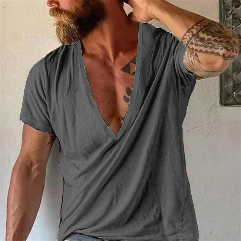 Easygoing men's deep V-neck t-shirt. Relaxed fit, short sleeve summer top for casual everyday style.