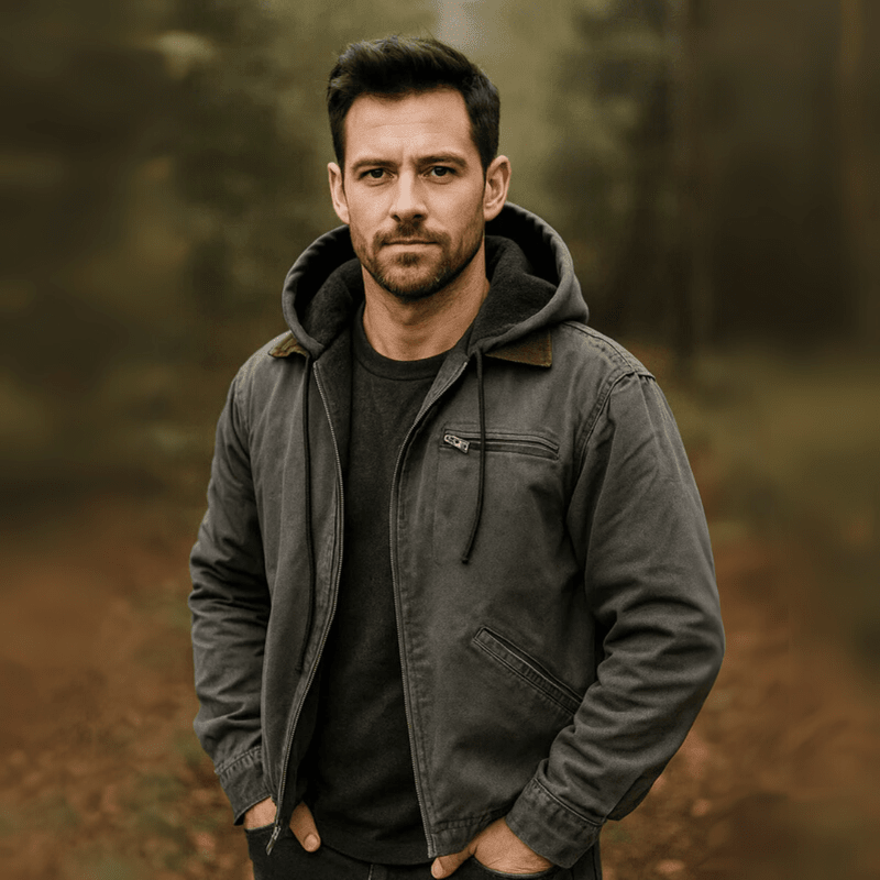 Front view of a men's fleece hooded jacket, featuring full zip and spacious pockets, casual style