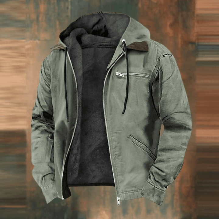 Warm and soft men's zip-up fleece jacket with an attached hood, excellent for layered outerwear