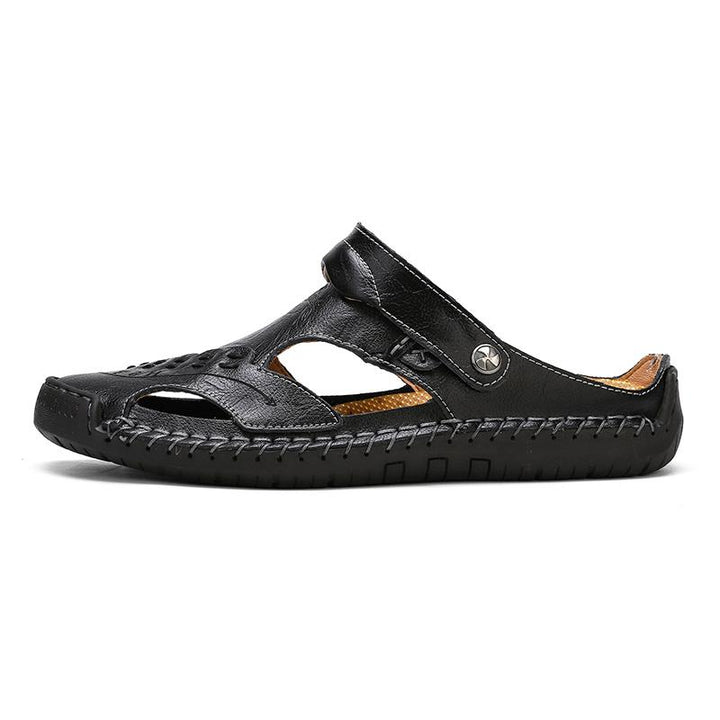 Detail of a men's breathable leather sandal strap, showcasing texture and quality