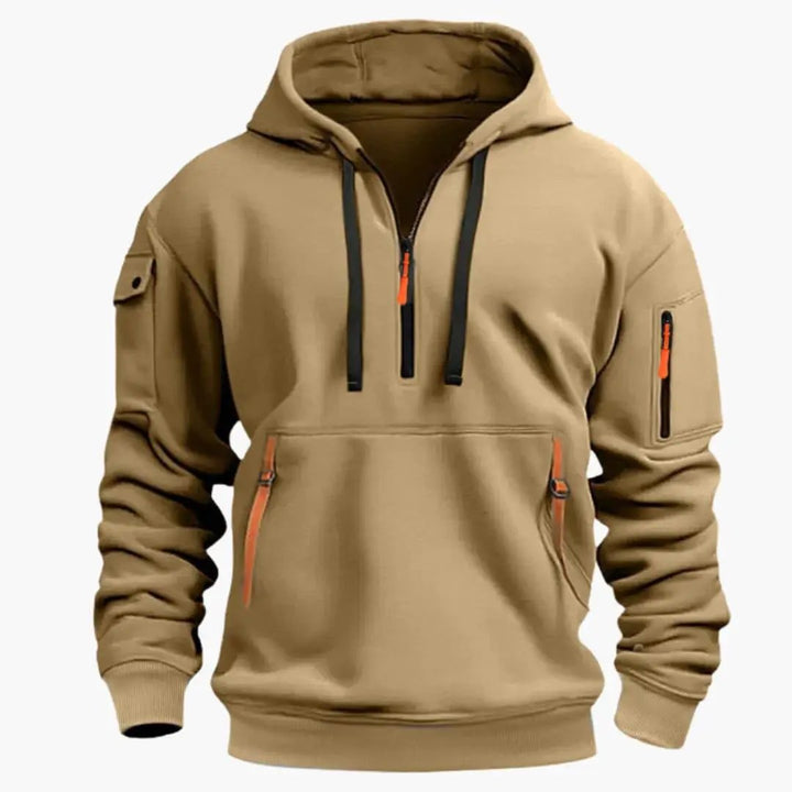 Stylish men's casual half-zip hoodie, a comfortable pullover with an adjustable hood and secure pockets.