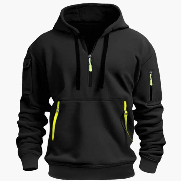 Functional men's loungewear hoodie with secure zippered pockets and an adjustable hood, great for daily wear.