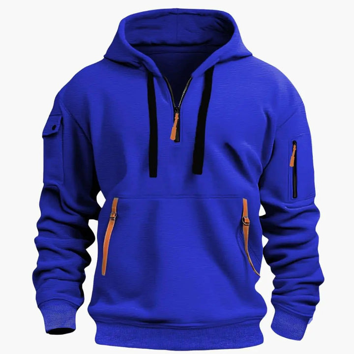 Modern men's fashion half-zip hoodie, comfortable pullover with secure zipped pockets and adjustable hood.