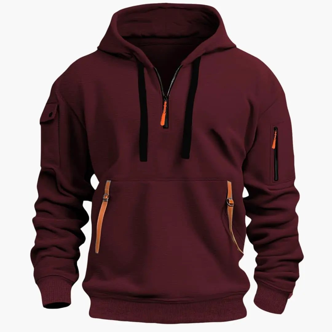 Versatile men's casual pullover hoodie, half-zip design with secure zippered pockets & adjustable hood.