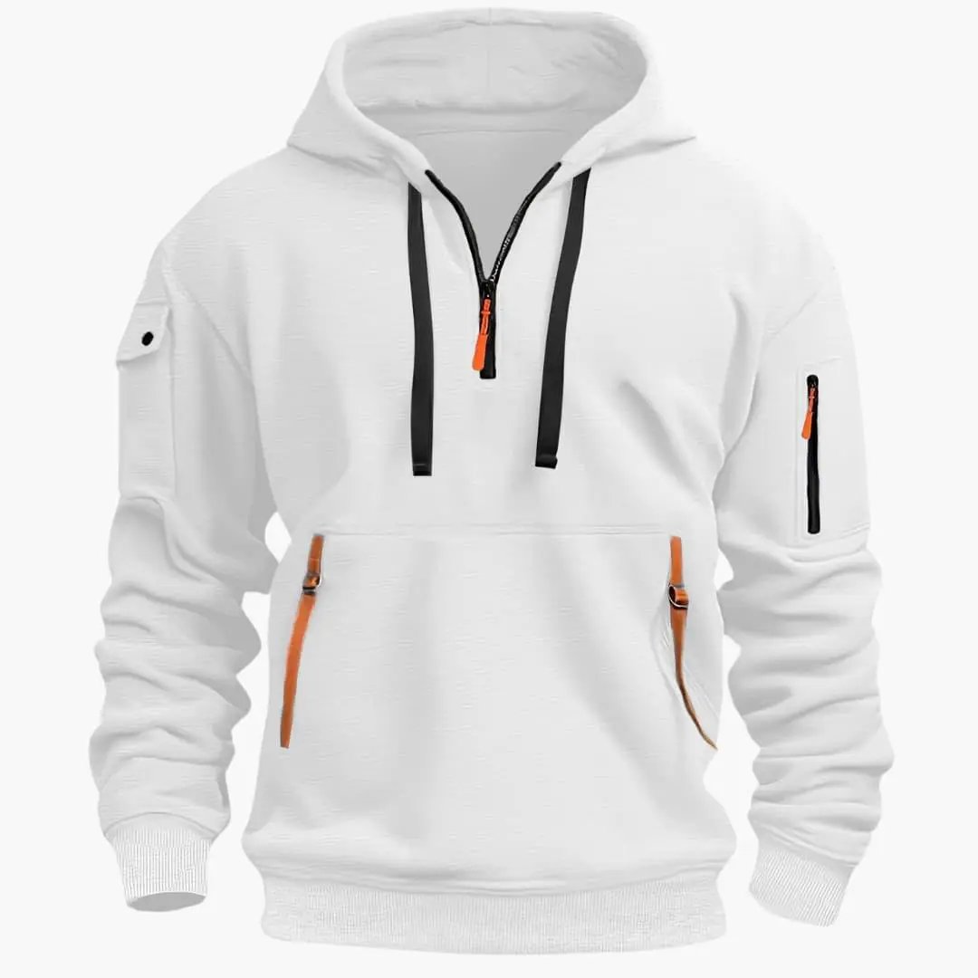 Men's streetwear half-zip hoodie with secure zippered pockets & adjustable hood, ultimate casual comfort.