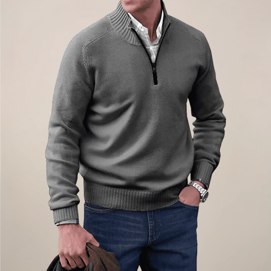 Men's casual half-zip knit pullover sweater in navy, perfect for spring smart casual wear.