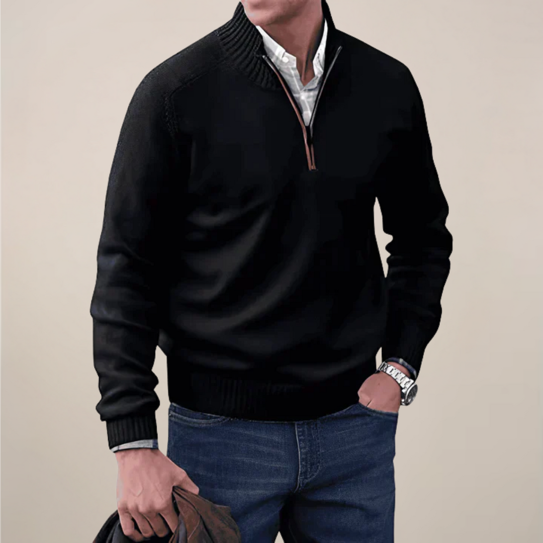 Stylish men's knit pullover, featuring a half-zip design, ideal for a smart casual look.