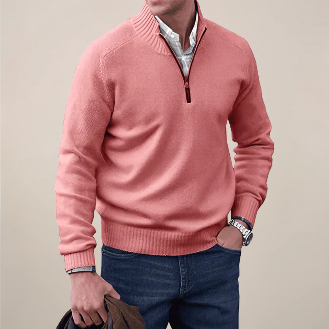 Men's fashion essential: a casual half-zip knit pullover sweater in a classic grey color.