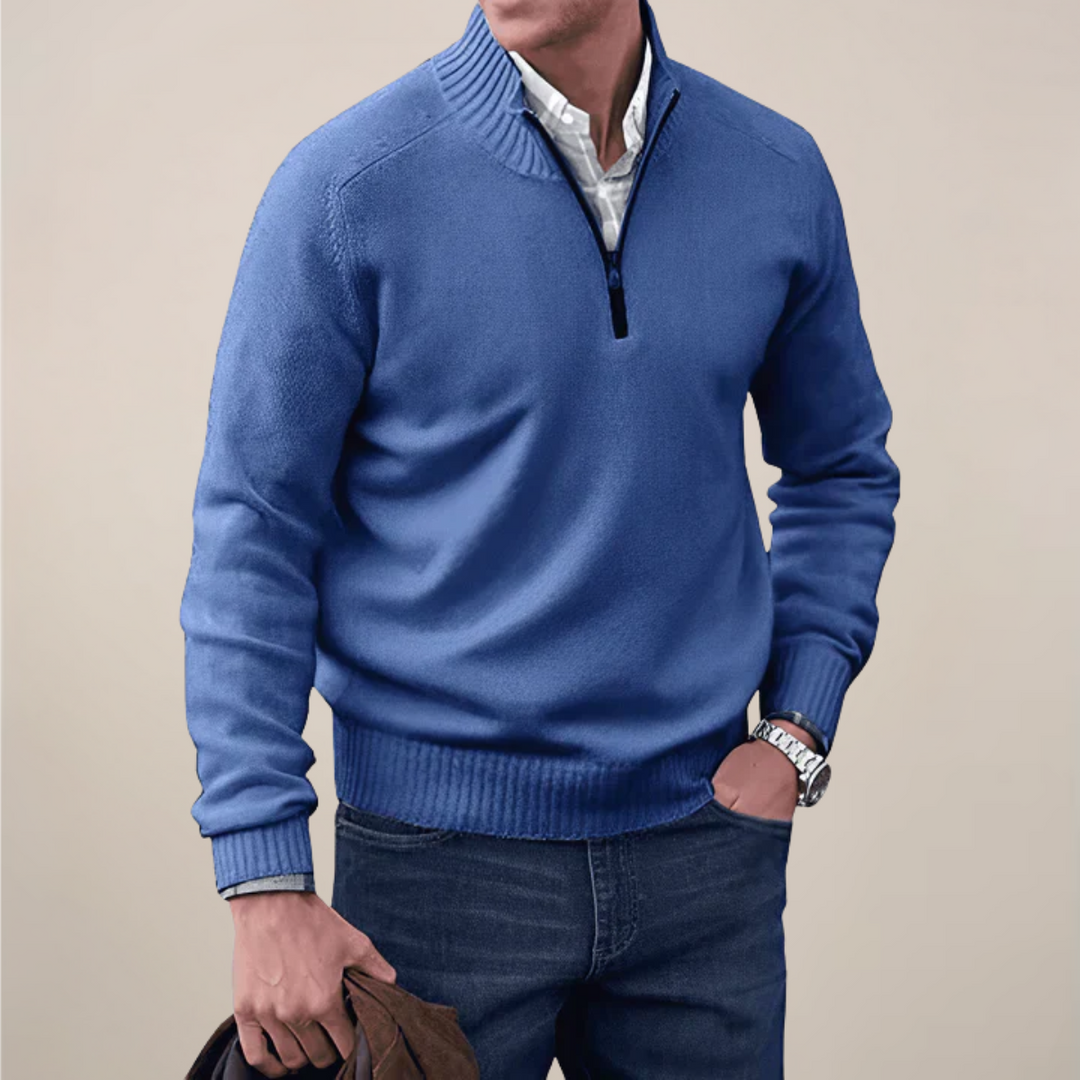 Model wearing a men's half-zip knit pullover sweater, demonstrating its casual yet refined style.