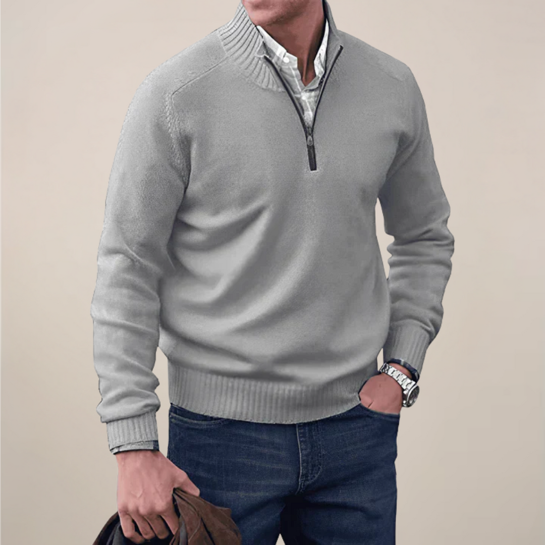 Classic black men's half-zip knit pullover sweater, a wardrobe staple for modern men.
