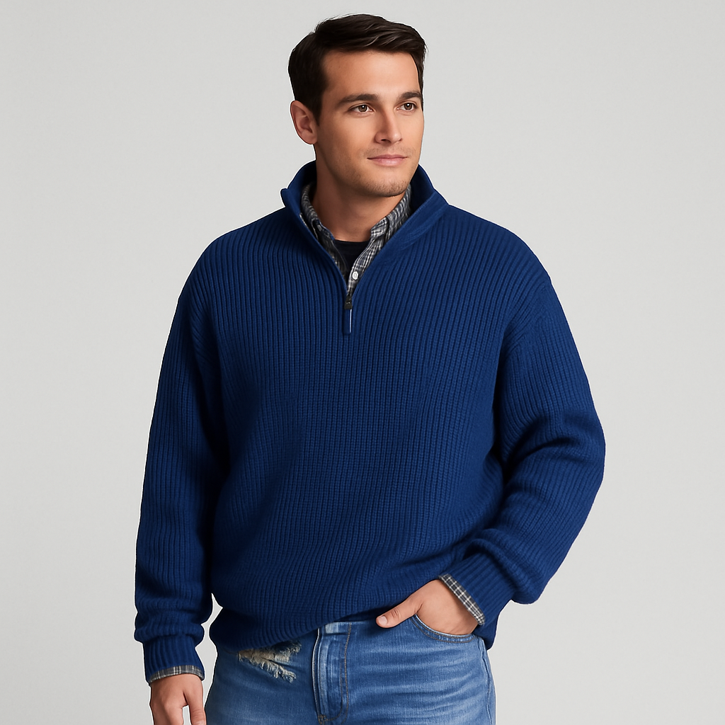 Men's casual half zip pullover sweater in navy, perfect for spring layering and everyday wear.
