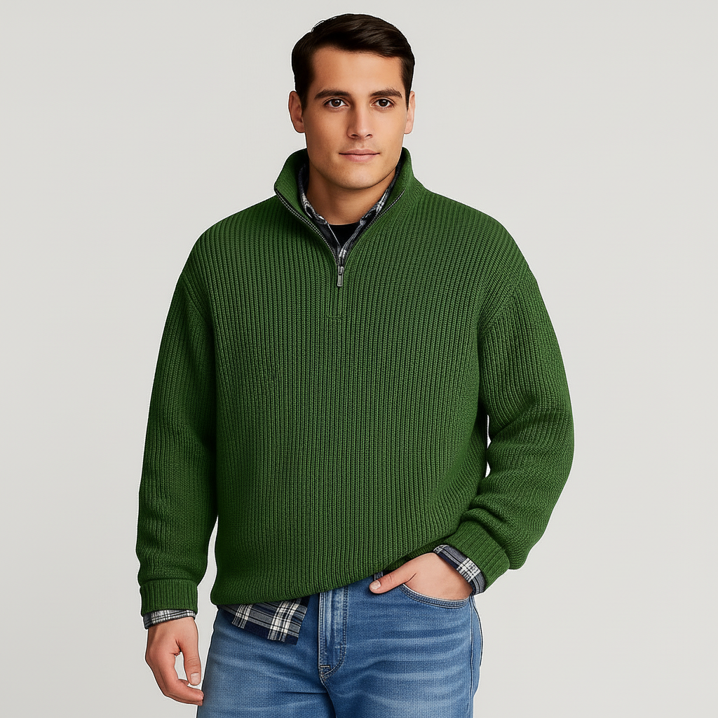Close-up of the textured knit on a men's casual half zip pullover sweater, comfortable and versatile.
