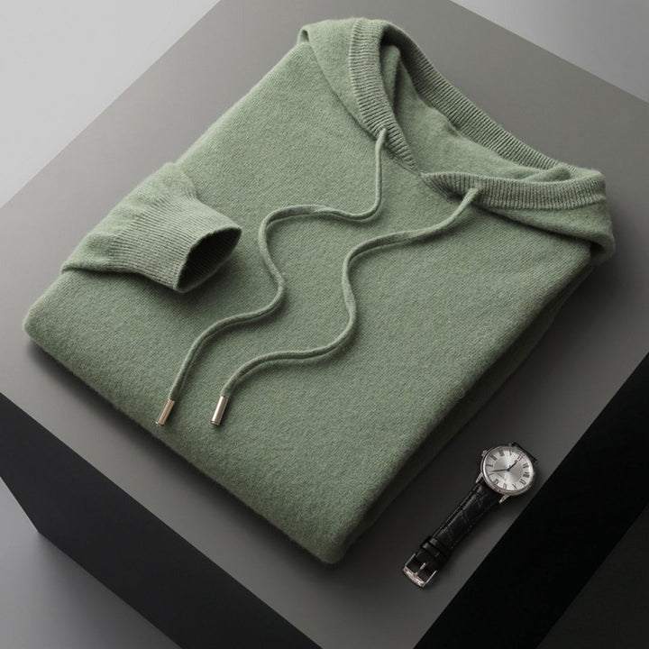 Versatile men's hooded knit pullover, a must-have for spring sweater collections and casual wear.