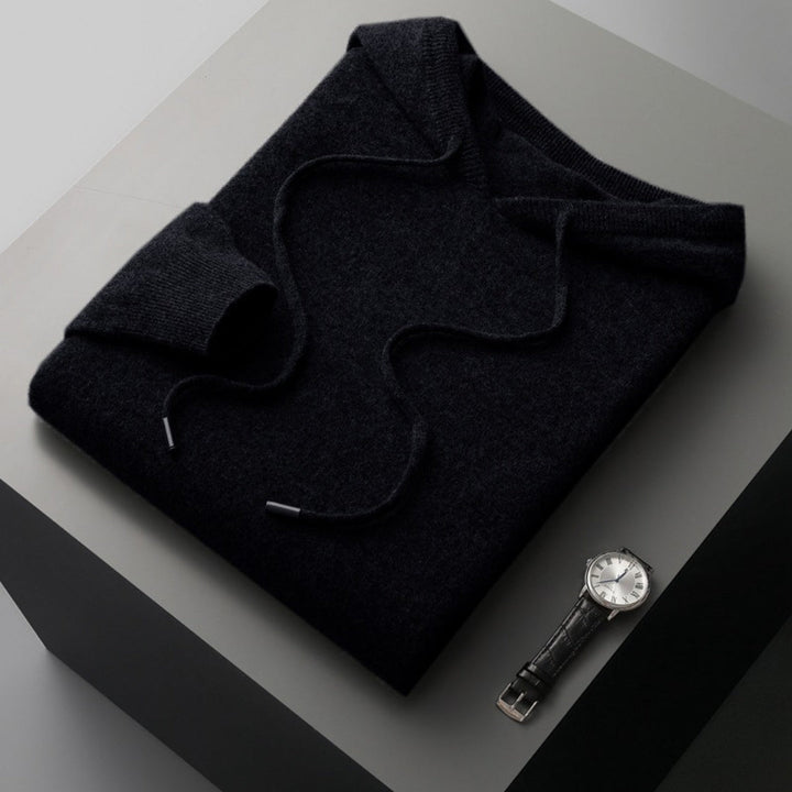 Front view of a men's hooded knit pullover, highlighting the design details and casual fit.