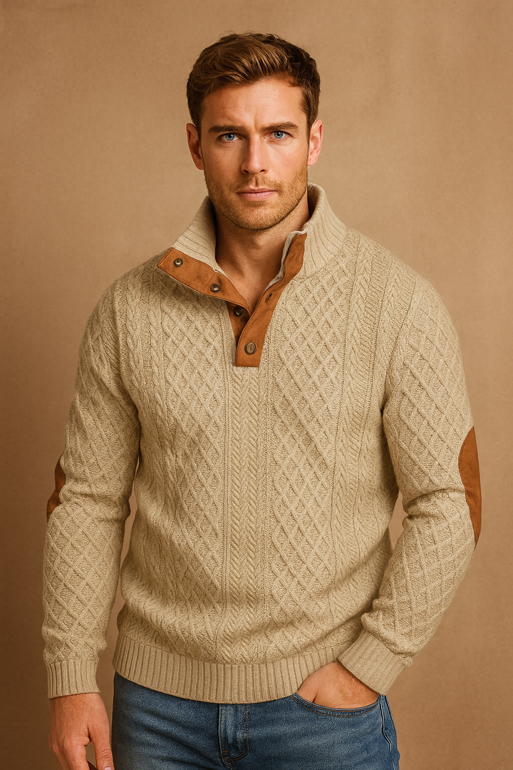 Men's casual jacquard knit sweater with button collar, long sleeve pullover for spring fashion.