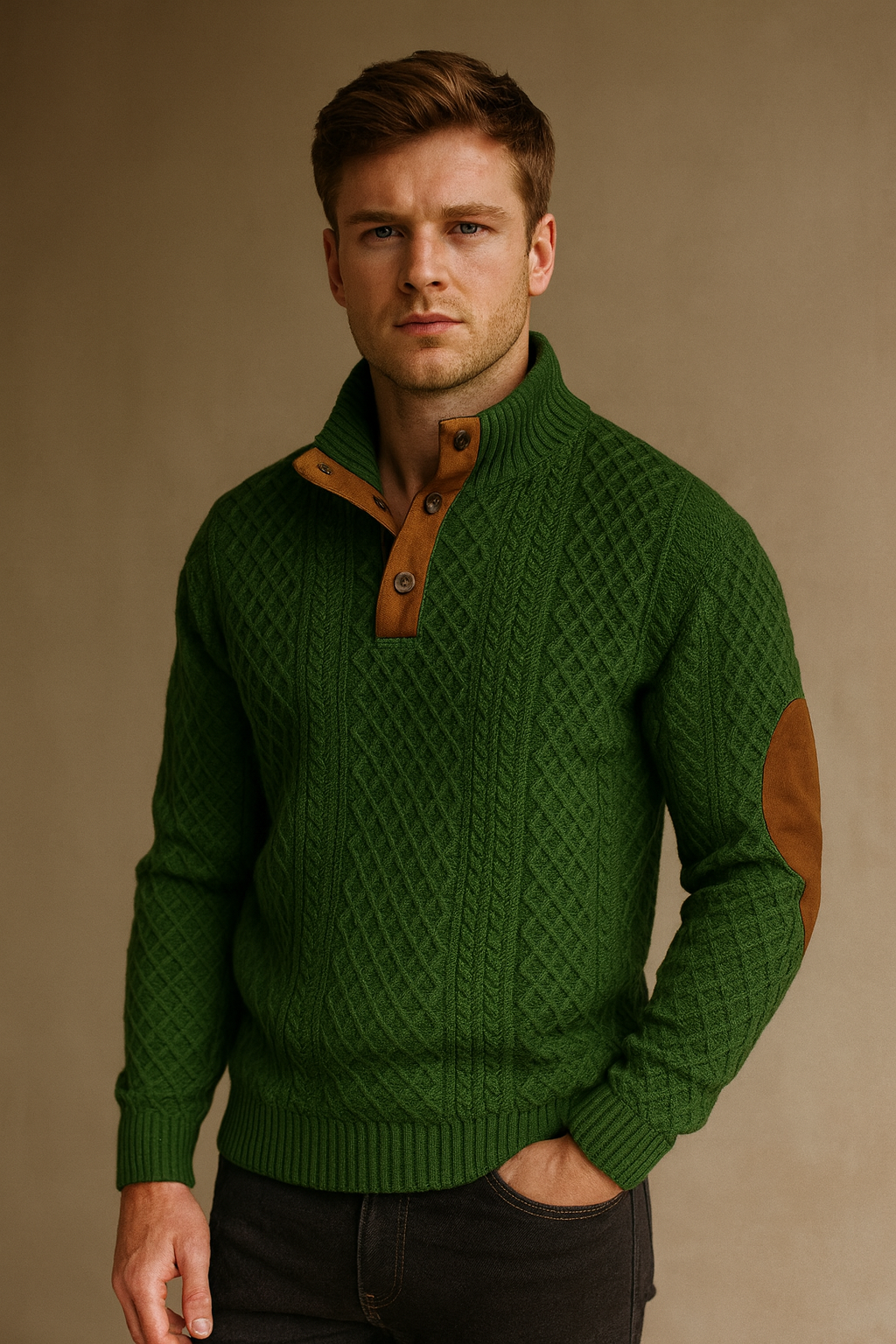 Close-up of jacquard knit pattern on a men's sweater with a stylish button collar. Spring knitwear.