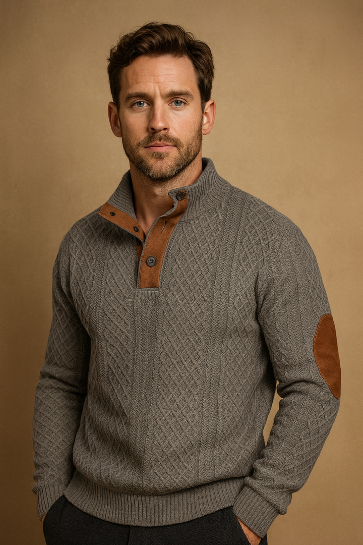 Fashionable men's long sleeve jacquard sweater with unique knit design and button-up collar. Casual pullover.