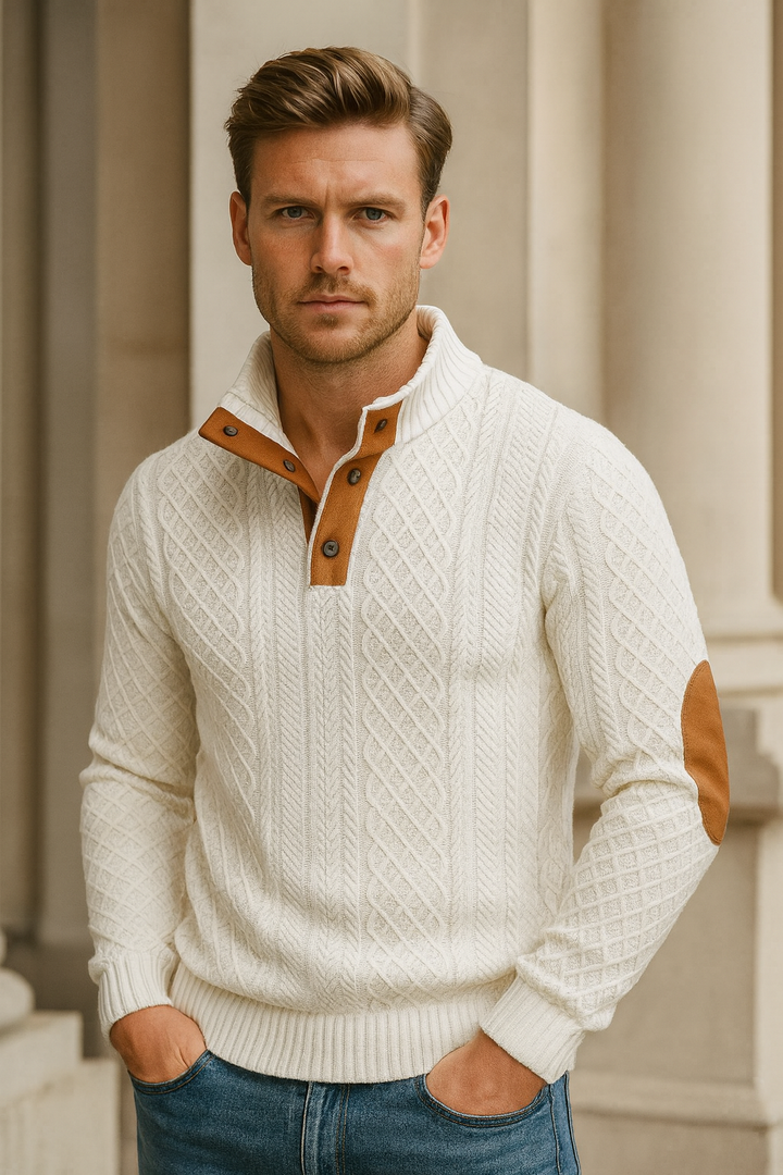 Front view of a men's jacquard knit sweater featuring a sophisticated button collar. Ideal for spring wear.