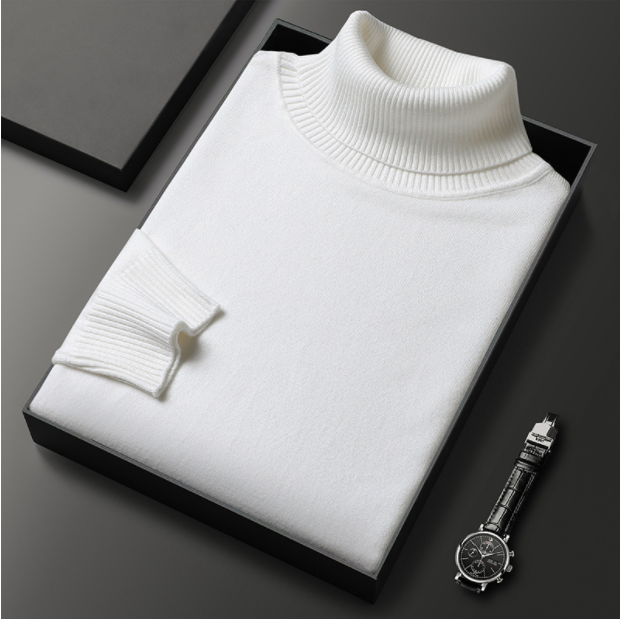 Textured men's long sleeve turtleneck sweater, an essential for men's spring apparel.