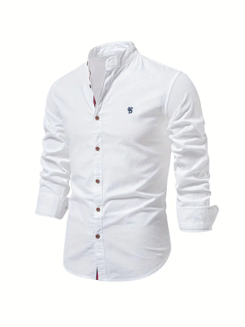Men's casual long sleeve button-down shirt in crisp white for spring fashion, relaxed fit.
