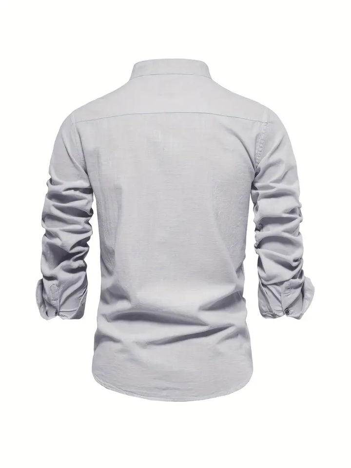 Versatile men's casual button-down shirt in beige, excellent for spring layering and everyday wear.