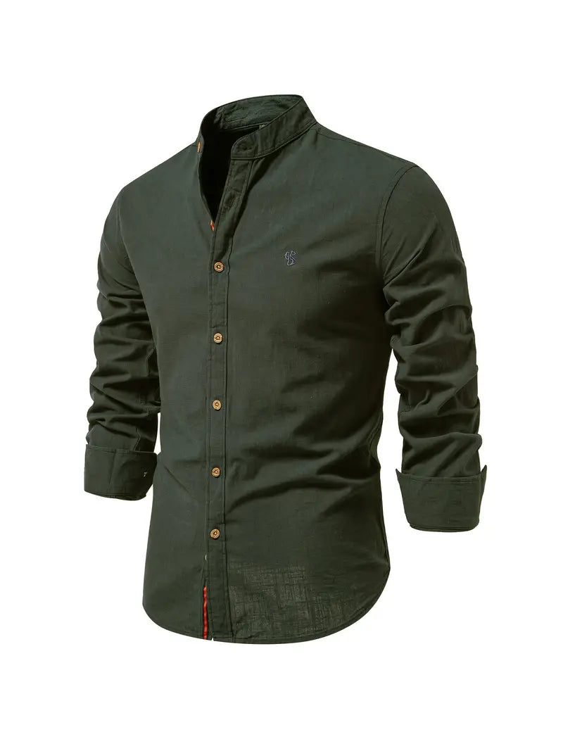 Men's button-down shirt paired with chinos, showcasing a complete casual spring outfit, relaxed fit.