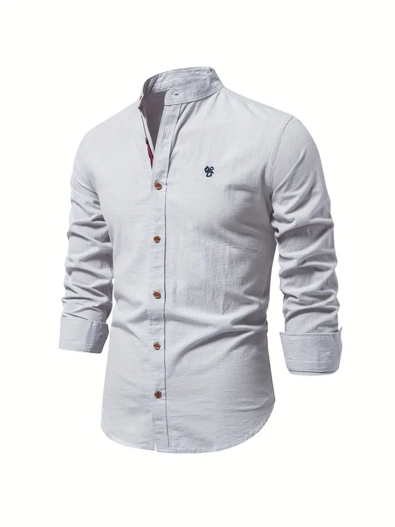 Back view of a men's casual long sleeve button-down shirt, emphasizing relaxed fit and spring style.