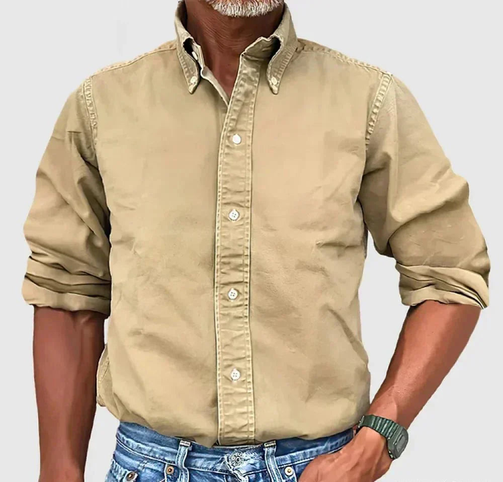 Men's casual long sleeve button-up shirt in khaki, perfect for versatile daily wear