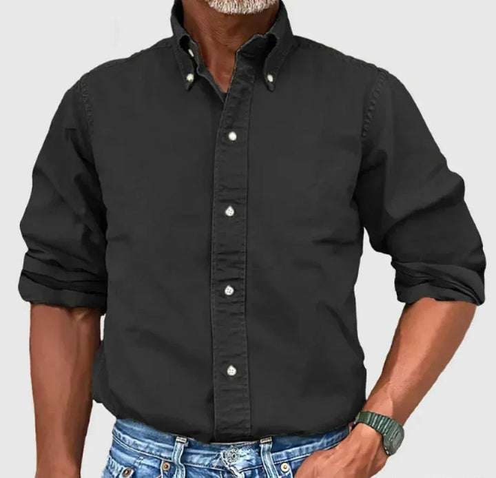 Stylish black men's long sleeve button-up shirt, a classic casual apparel choice