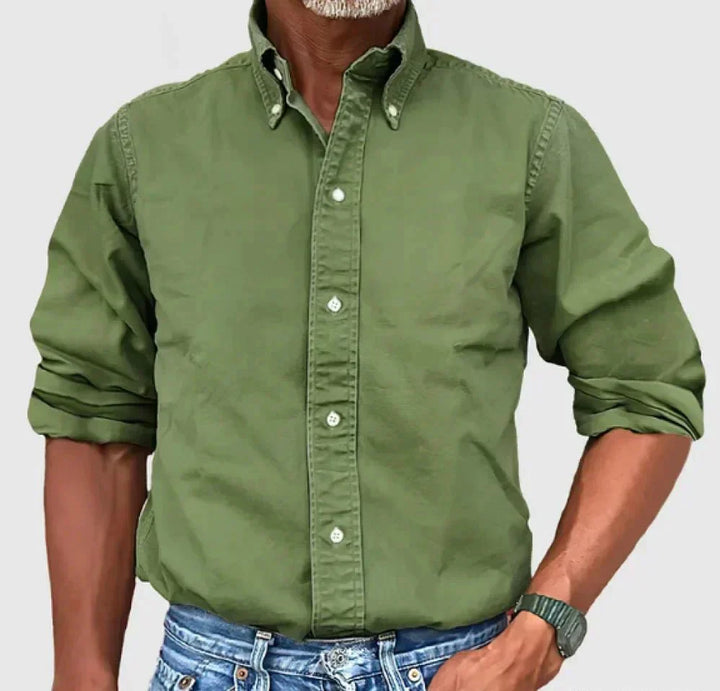 Military green men's long sleeve button-up shirt, a rugged yet casual apparel item
