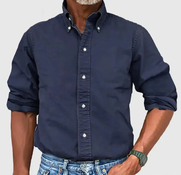 Rear view of a men's button-up long sleeve casual shirt, showing design and fit