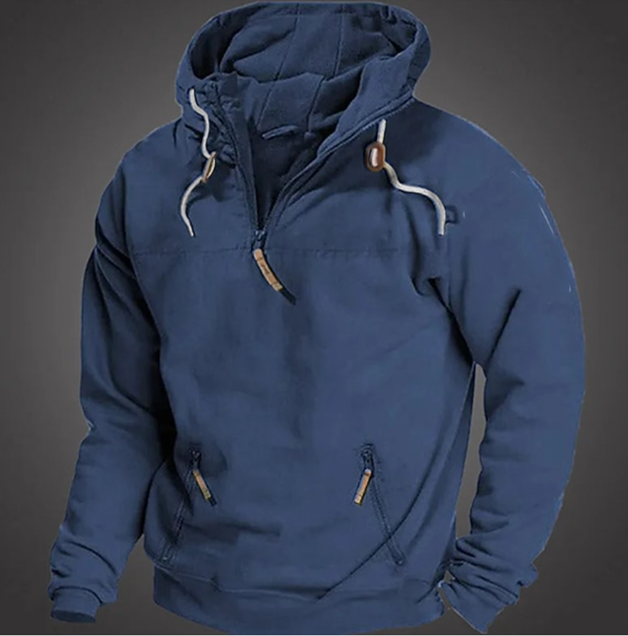 Close-up of the half-zip detail on a men's comfortable casual long sleeve hoodie, ideal for men's apparel