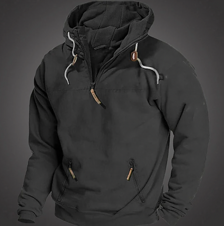 Full view of a men's casual long sleeve hoodie, featuring a half-zip design for comfortable wear