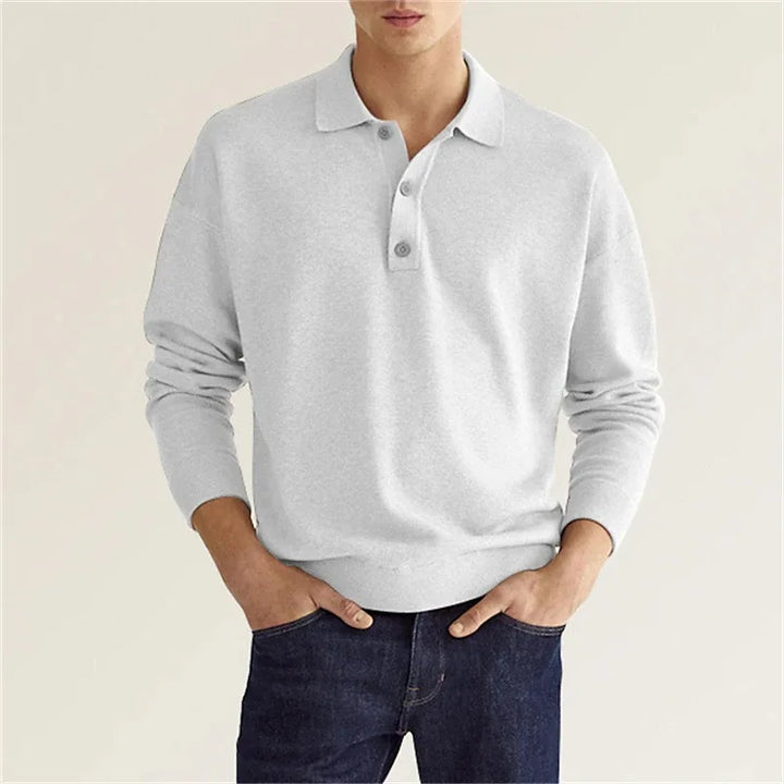 Men's casual long sleeve knit polo shirt in black, perfect for smart-casual menswear