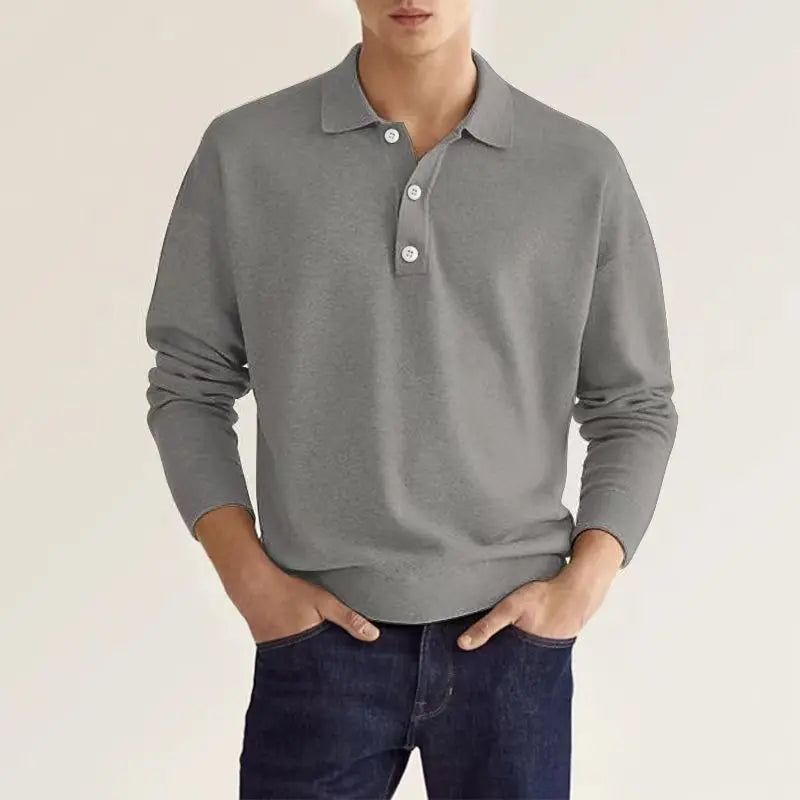 Detail of the collar and buttons on a men's long sleeve knit polo shirt for men's fashion