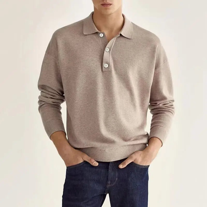 Back view of a plain men's long sleeve knit polo shirt, highlighting the versatile design