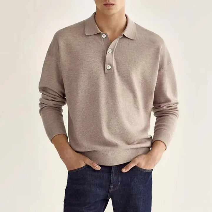 Back view of a plain men's long sleeve knit polo shirt, highlighting the versatile design