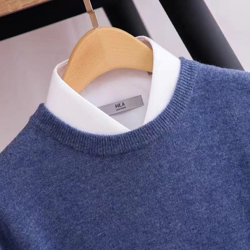 Stylish men's long sleeve knit sweater in navy blue, essential casual wear for autumn & winter