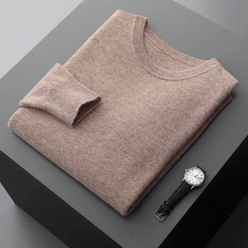 Soft knit men's long sleeve sweater in a neutral beige, perfect for comfortable, casual styling