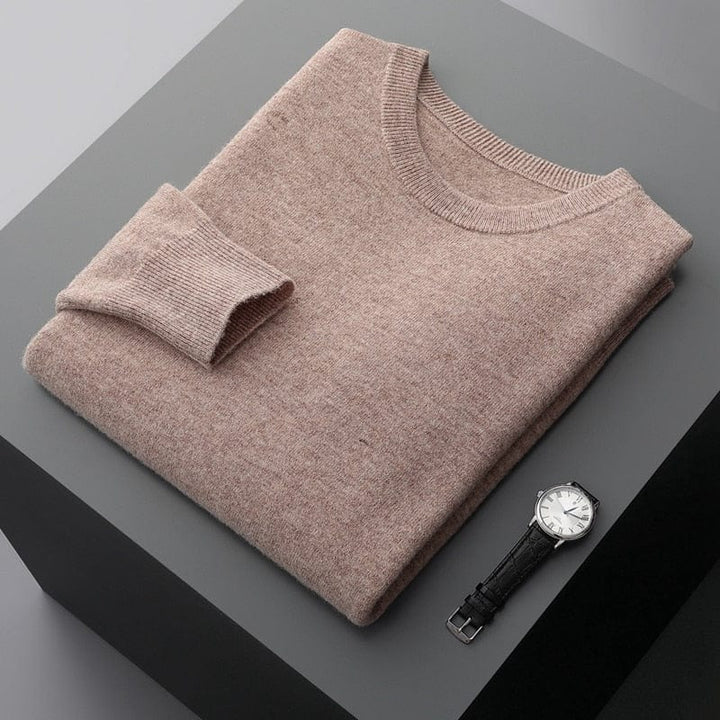 Soft knit men's long sleeve sweater in a neutral beige, perfect for comfortable, casual styling